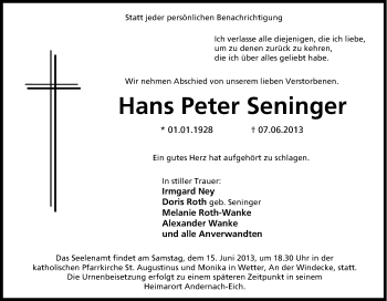 Traueranzeige von Hans Peter Seninger von Tageszeitung