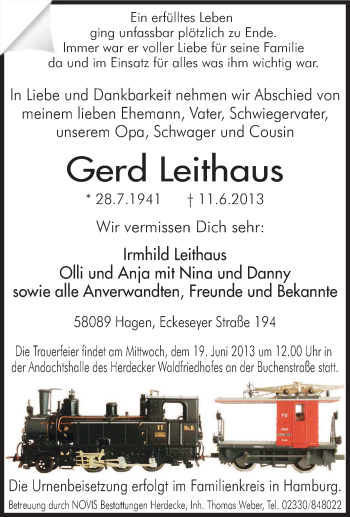 Traueranzeige von Gerd Leithaus von Tageszeitung