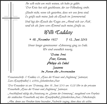 Traueranzeige von Willi Cadday von Tageszeitung