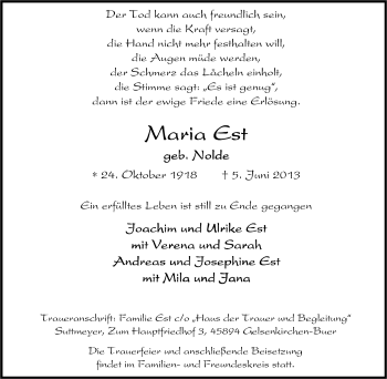 Traueranzeige von Maria Est von Tageszeitung