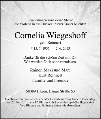 Traueranzeige von Cornelia Wiegeshoff von Tageszeitung