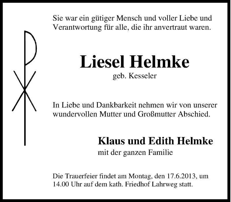  Traueranzeige für Liesel Helmke vom 15.06.2013 aus Tageszeitung