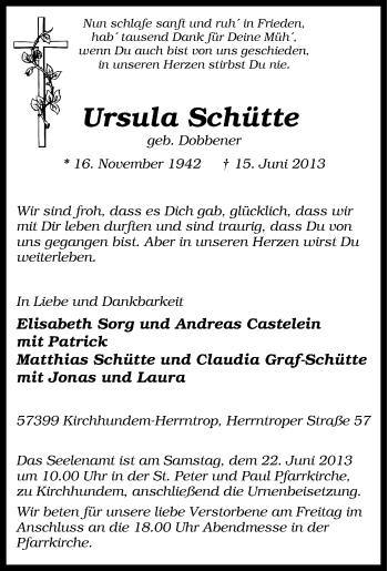 Traueranzeige von Ursula Schütte von Tageszeitung
