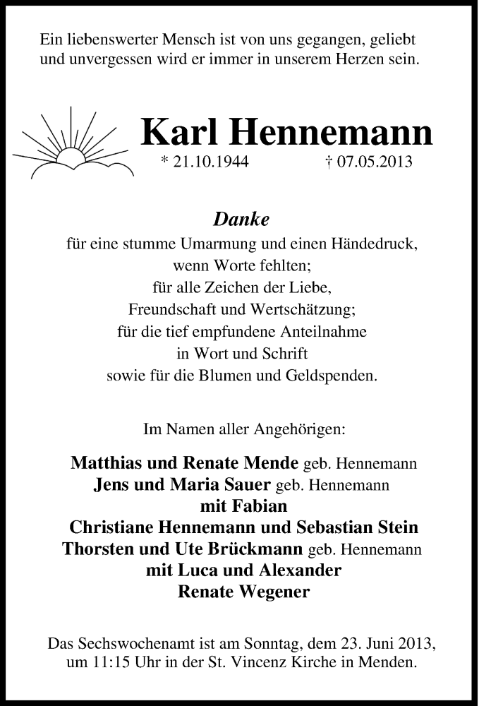  Traueranzeige für Karl Hennemann vom 20.06.2013 aus Tageszeitung
