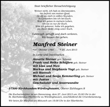 Traueranzeige von Manfred Steiner von Tageszeitung
