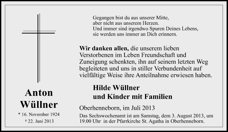  Traueranzeige für Anton Wüllner vom 24.06.2013 aus Tageszeitung