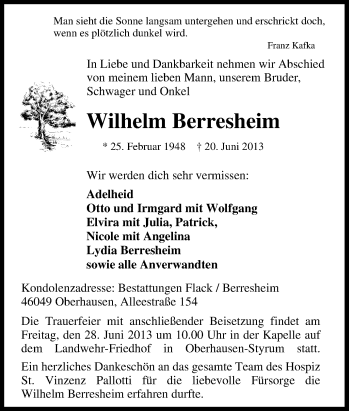 Traueranzeige von Wilhelm Berresheim von Tageszeitung