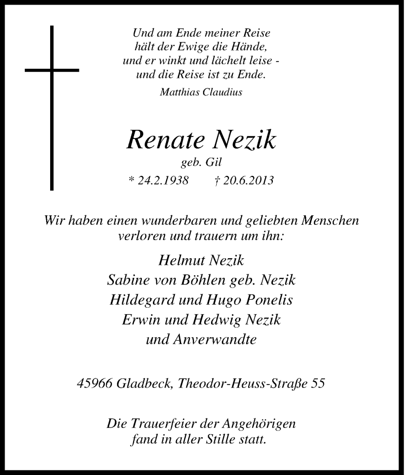  Traueranzeige für Renate Nezik vom 29.06.2013 aus Tageszeitung