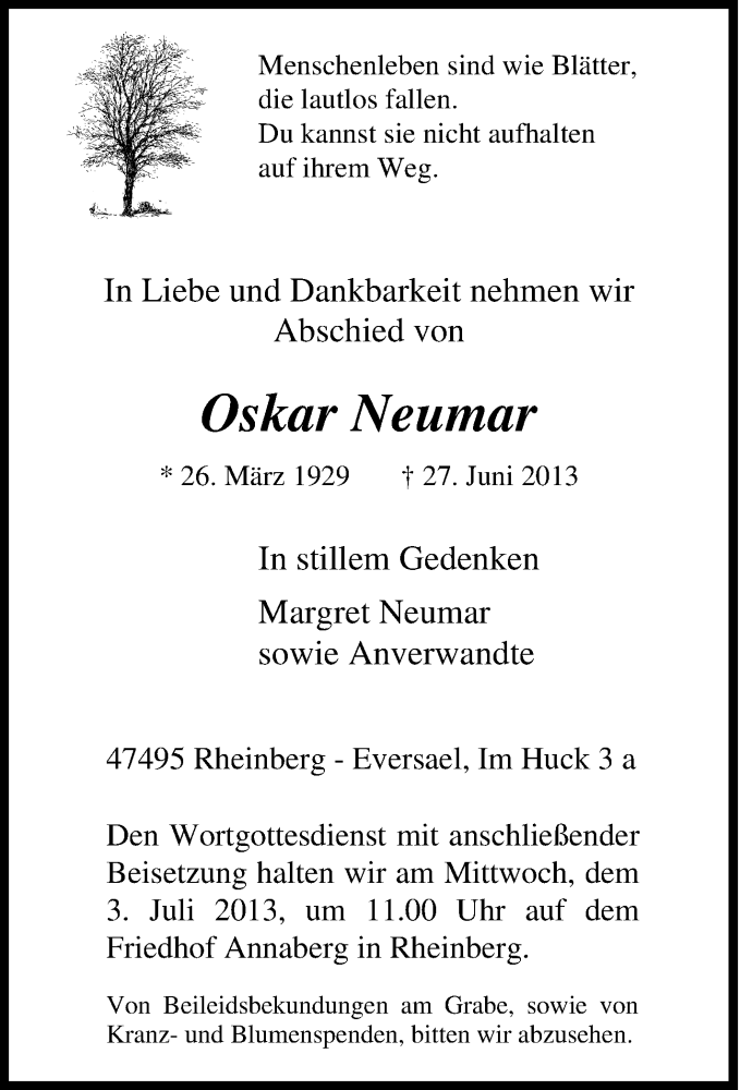  Traueranzeige für Oskar Neumar vom 29.06.2013 aus Tageszeitung