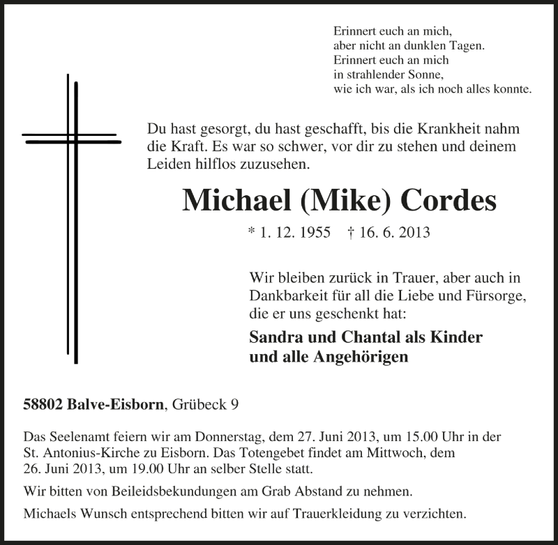  Traueranzeige für Michael Cordes vom 21.06.2013 aus Tageszeitung