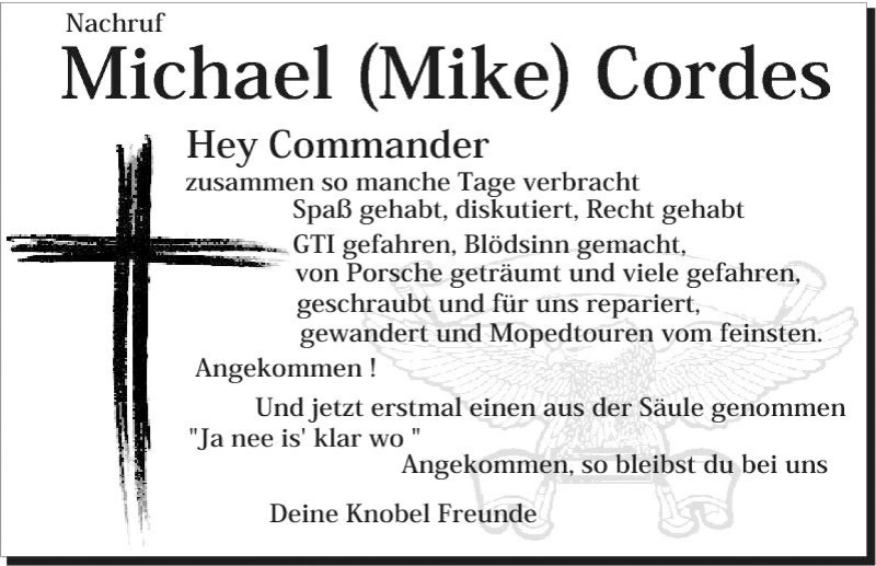  Traueranzeige für Michael Cordes vom 26.06.2013 aus Tageszeitung