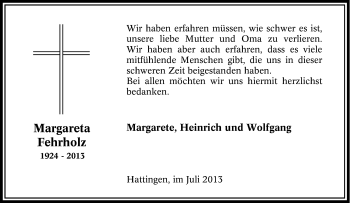 Traueranzeige von Margareta Fehrholz von Tageszeitung