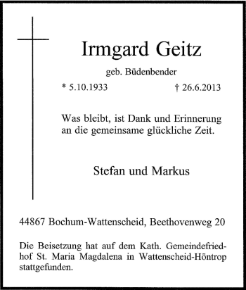 Traueranzeige von Irmgard Geitz von Tageszeitung