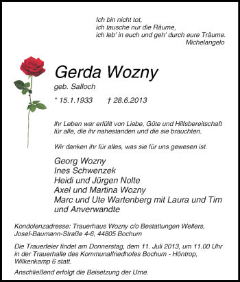 Traueranzeige von Gerda Wozny von Tageszeitung