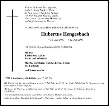 Traueranzeige von Hubertus Hengesbach von Tageszeitung
