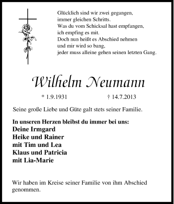 Traueranzeige von Wilhelm Neumann von Tageszeitung