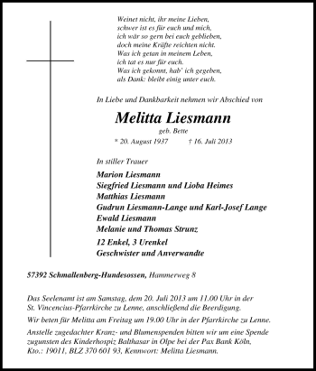 Traueranzeige von Melitta Liesmann von Tageszeitung