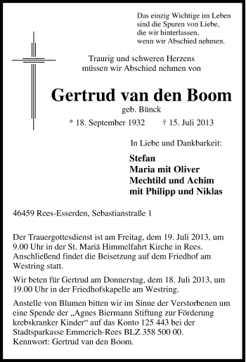 Traueranzeige von Gertrud van den Boom von Tageszeitung