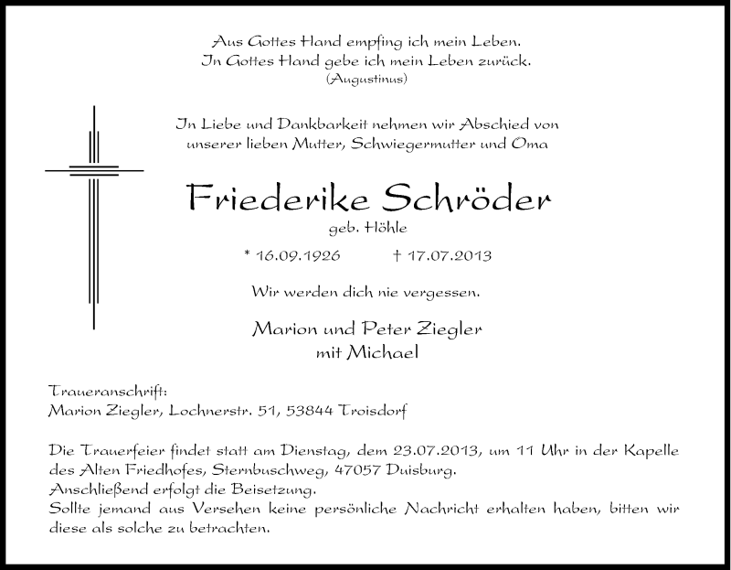  Traueranzeige für Friederike Schröder vom 20.07.2013 aus Tageszeitung