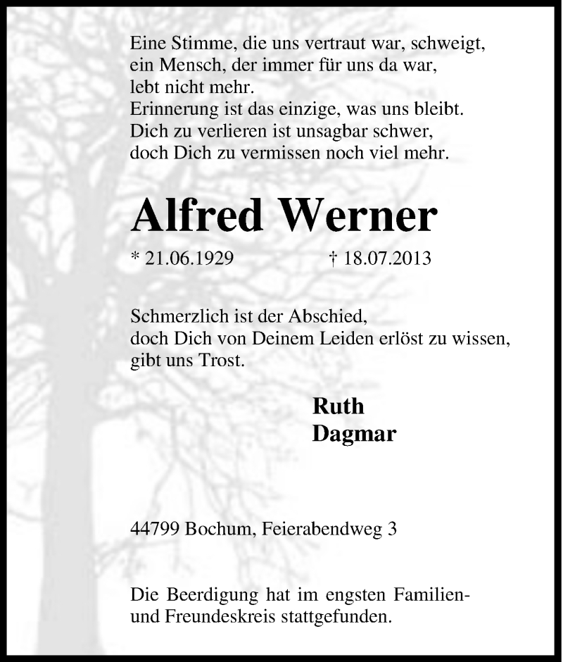  Traueranzeige für Alfred Werner vom 27.07.2013 aus Tageszeitung
