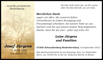 Traueranzeige von Josef Jürgens von Tageszeitung