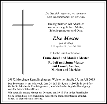 Traueranzeige von Else Mester von Tageszeitung
