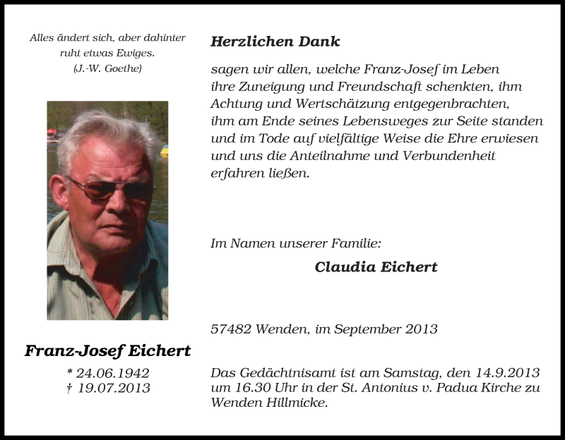  Traueranzeige für Franz–Josef Eichert vom 23.07.2013 aus Tageszeitung