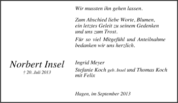 Traueranzeige von Norbert Insel von Tageszeitung