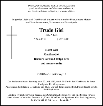 Traueranzeige von Trude Giel von Tageszeitung