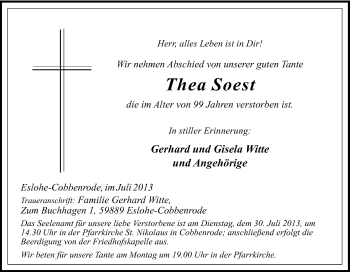 Traueranzeige von Thea Soest von Tageszeitung