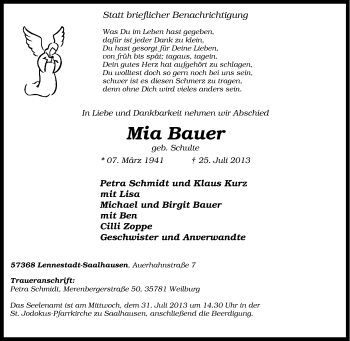 Traueranzeige von Mia Bauer von Tageszeitung