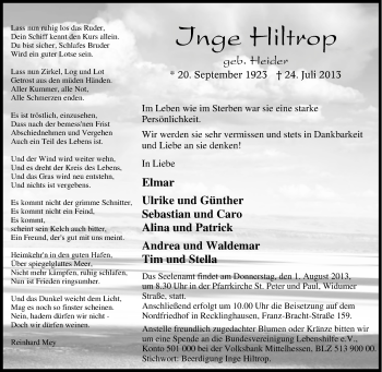 Traueranzeige von Inge Hiltrop von Tageszeitung