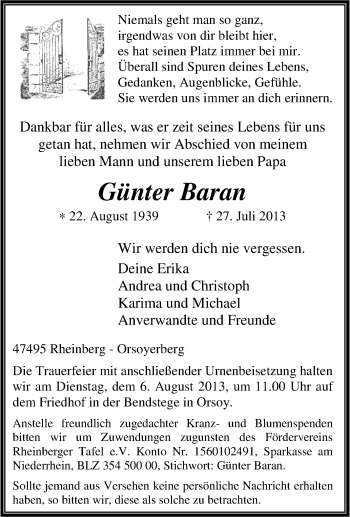 Traueranzeige von Günter Baran von Tageszeitung