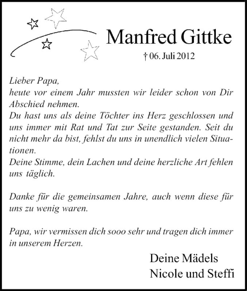  Traueranzeige für Manfred Gittke vom 06.07.2013 aus Tageszeitung