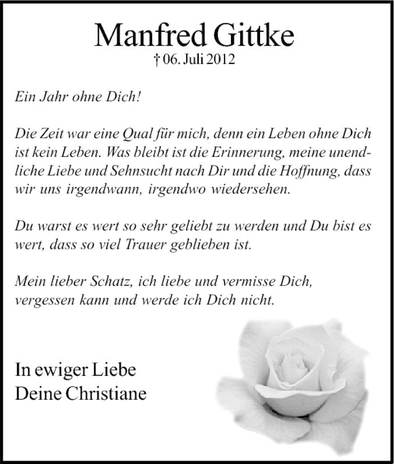  Traueranzeige für Manfred Gittke vom 06.07.2013 aus Tageszeitung