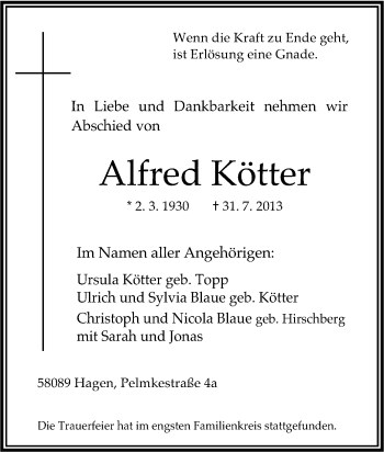 Traueranzeige von Alfred Kötter von Tageszeitung