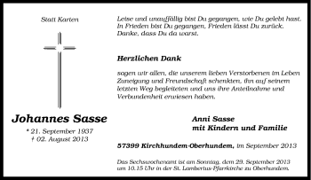 Traueranzeige von Johannes Sasse von Tageszeitung