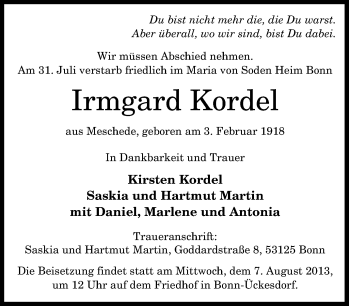 Traueranzeige von Irmgard Kordel von Tageszeitung