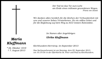 Traueranzeige von Maria Kleffmann von Tageszeitung