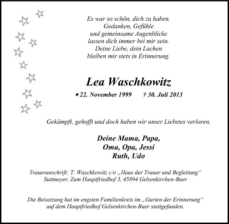  Traueranzeige für Lea Waschkowitz vom 10.08.2013 aus Tageszeitung