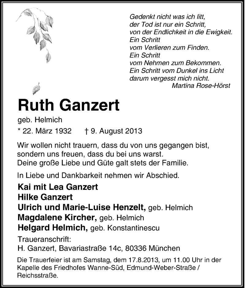 Traueranzeige für Ruth Ganzert vom 14.08.2013 aus Tageszeitung