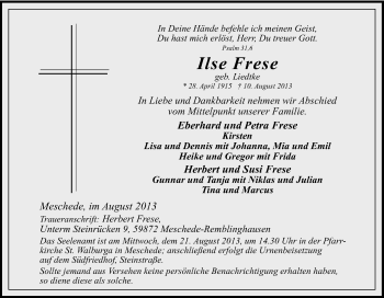 Traueranzeige von Ilse Frese von Tageszeitung
