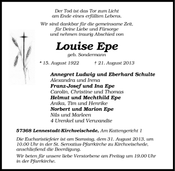 Traueranzeige von Louise Epe von Tageszeitung