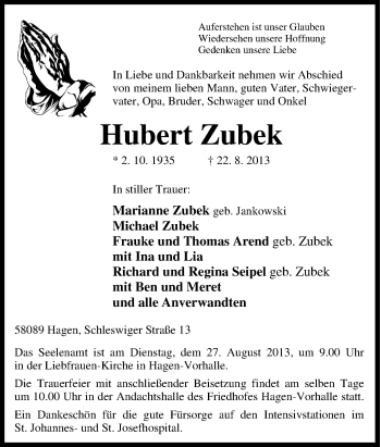 Traueranzeige von Hubert Zubek von Tageszeitung