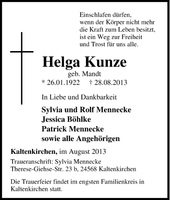 Traueranzeige von Helga Kunze von Tageszeitung