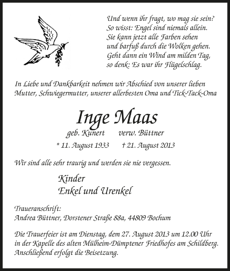  Traueranzeige für Inge Maas, verw. Büttner vom 24.08.2013 aus Tageszeitung