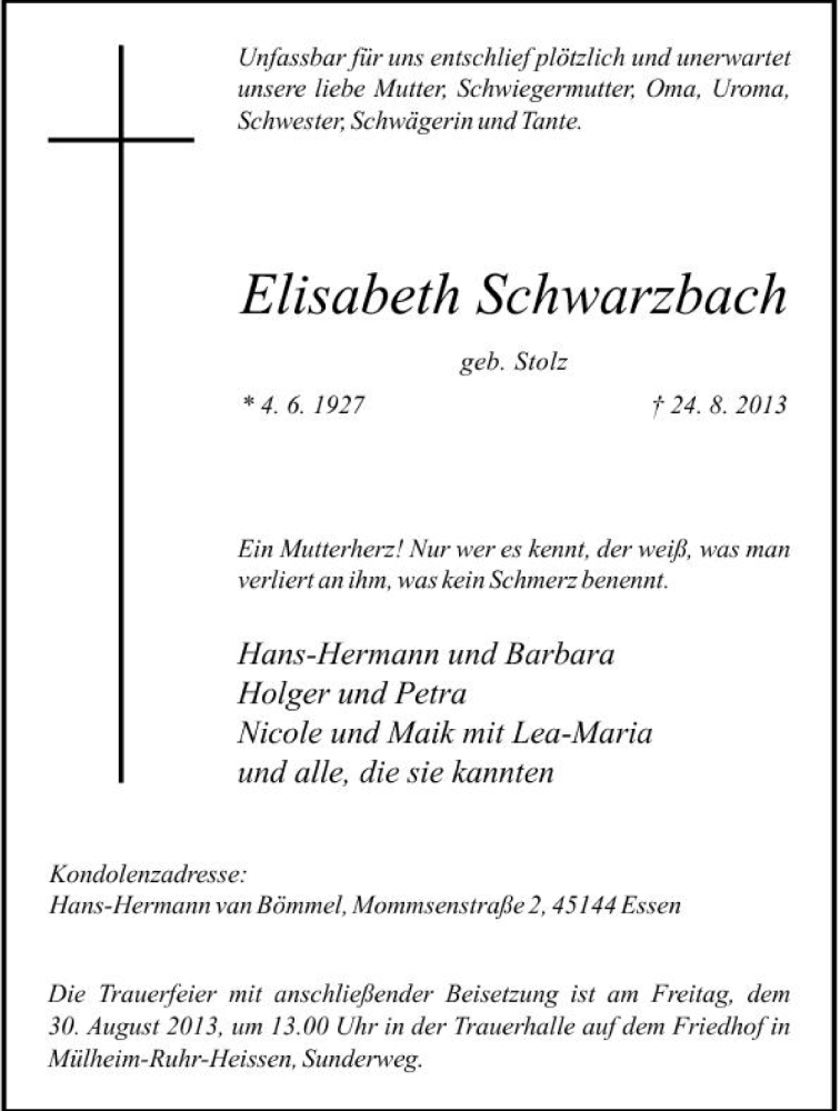  Traueranzeige für Elisabeth Schwarzbach vom 28.08.2013 aus Tageszeitung