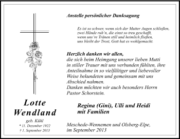 Traueranzeige von Lotte Wendland von Tageszeitung