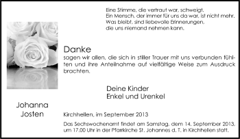 Traueranzeige von Johanna Josten von Tageszeitung