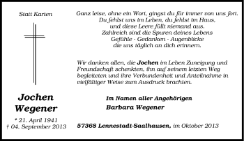 Traueranzeige von Jochen Wegener von Tageszeitung